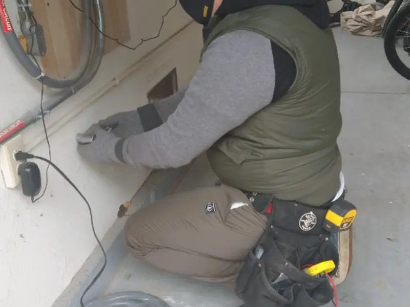 Electrician performing outlet wiring in a University Park garage